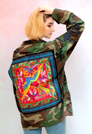 1990S VINTAGE REWORKED EMBROIDERED PEACOCK MILITARY JACKET