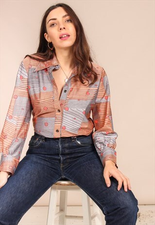 VINTAGE 70S BLOUSE IN CONTRASTING STRIPE AND DOT PRINT
