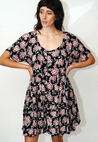 VINTAGE BABYDOLL DRESS BLACK 90S SKATER ROSE PASTEL PRINT