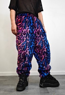 Leopard faux fur joggers raver pants animal print trousers