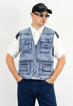 Vintage 90s cargo vest in stonewashed blue fishing denim