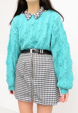 RETRO 90S VINTAGE TURQUOISE CHUNKY FLORAL EMBROIDERY JUMPER