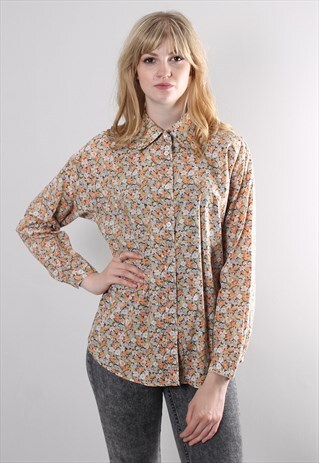 VINTAGE 70S ORANGE FLORAL PATTERNED SHIRT