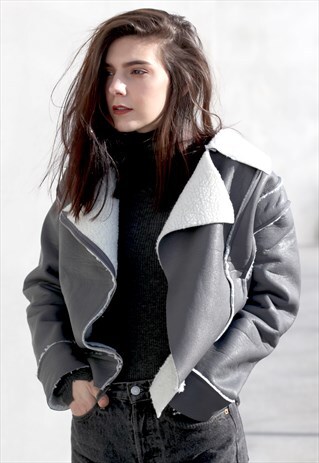 LEATHER LOOK SHEARLING LINED BIKER JACKET