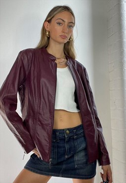 Vintage Y2k Leather Biker Jacket Burgundy Red