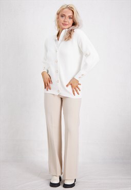 White Golden Button Knitted Ribbed Cardigan ONE SIZE FIT 