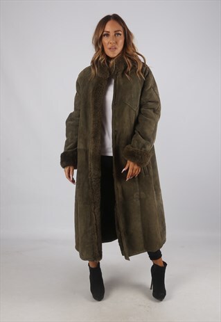 VINTAGE SHEEPSKIN SUEDE SHEARLING COAT LONG UK 14 - 16 (9AP)