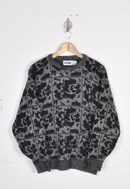 Vintage Knitted Jumper Retro Pattern Black/Grey Ladies Large