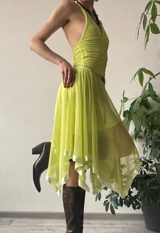 VINTAGE Y2K 00'S CHARTREUSE LIME GREEN MESH HALTER DRESS