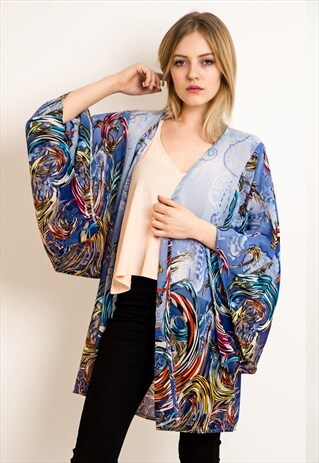FLORAL AND TILE PRINTED KIMONO KAFTAN CARDIGAN