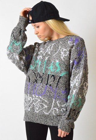VINTAGE 80S GREY KNIT ABSTRACT JUMPER
