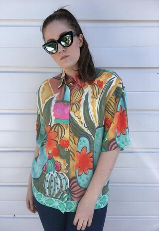 WOMENS VINTAGE 80S BLOUSE ABSTRACT PATTERNED FLORAL TOP