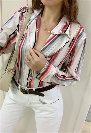 VINTAGE 60S LUXE PARISIAN STRIPED PRINT MOD BLOUSE SHIRT TOP