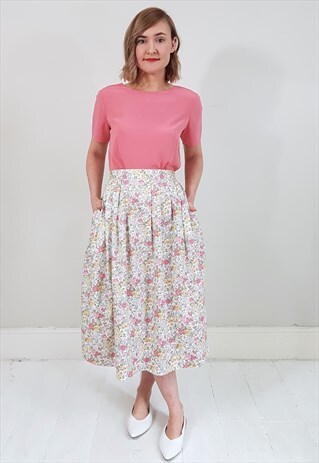 VINTAGE 90'S PINK FLORAL COTTON MIDI SKIRT