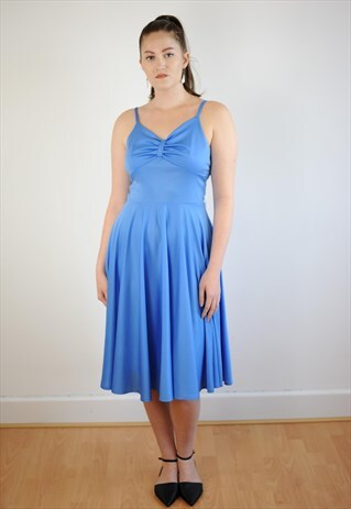 WOMENS VINTAGE 50S 60S DRESS LIGHT BLUE SWING FLOATY PROM