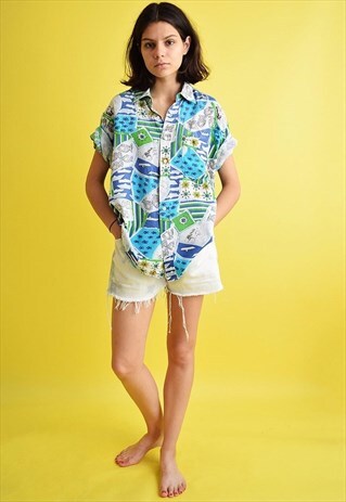 90'S RETRO ABSTRACT PRINT OVERSIZED SLOUCHY SHIRT BLOUSE TOP