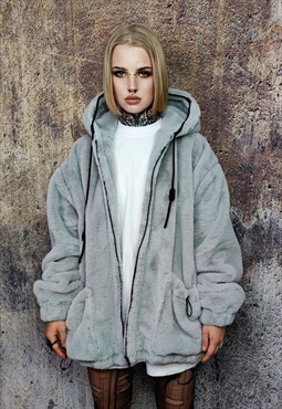 Faux fur jacket luxe handmade detachable fluffy bomber grey