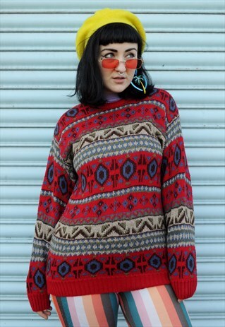 VINTAGE 80S RED PATTERNED GRANDAD JUMPER