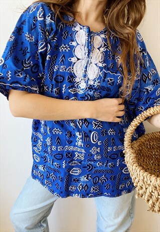 VINTAGE 90S BOHO HIPPIE ETHNIC LONG BLOUSE TUNIC TOP BLUE
