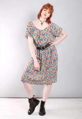 VINTAGE 80S BRIGHT FLORAL LOOSE FIT MIDI DRESS