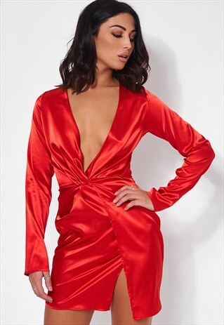 RED SATIN TWIST FRONT MINI DRESS