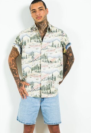 VINTAGE 80S CRAZY PATTERN FESTIVAL SHORT SLEEVE SHIRT /S5057