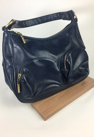 90'S VINTAGE BULAGGI LEATHER LOOK BAG- NAVY BLUE-RED LINER