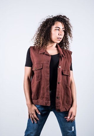 VINTAGE 1980S MAROON DENIM WAISTCOAT JACKET