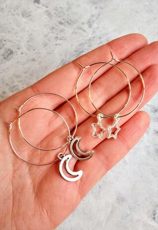 MOON AND STAR HOOP EARRINGS 2 PAIR SET