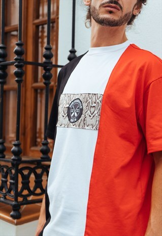 HANDMADE SHORT SLEEVED T-SHIRT TRICOLOR WITH SNAKE FABRIC
