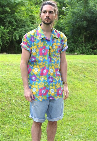 VINTAGE 80S HIPPIE FLORAL SHIRT - LARGE - FESTIVAL - HIPPY