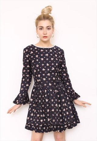VINTAGE 70S BLACK FLORAL LONG SLEEVE MINI DRESS