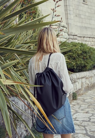 KALLA BLACK DRAWSTRING FESTIVAL BACKPACK BAG, HANDMADE