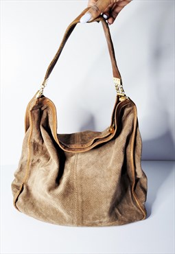 Vintage Perforated Brown Suede Bag, Brown Suede Bag