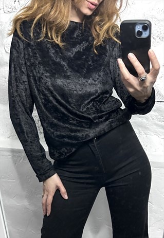 90S BLACK VELVET SLIM MINIMAL TOP / BLOUSE - M