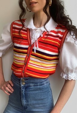  Vintage 80s red striped knitted waistcoat vest