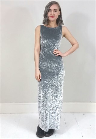 VINTAGE 90'S SILVER CRUSHED VELVET MAXI DRESS
