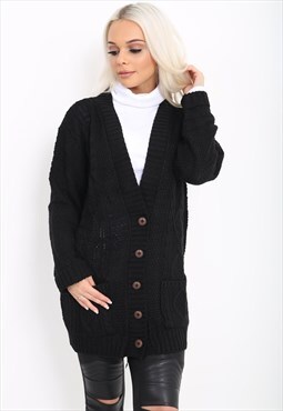 Long Sleeve Button Top Chunky Cable Knitted Grandad Cardigan