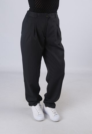 HIGH WAISTED TROUSERS PIN STRIPE WIDE TAPERED LEG UK 14 EA3I