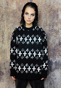 Cross sweater knitted Gothic jumper grunge top in black