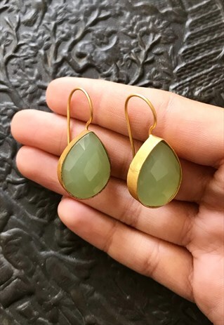 FAUX SEA GREEN AQUA GEMSTONE BRASS GOLD PEAR DROP EARRINGS
