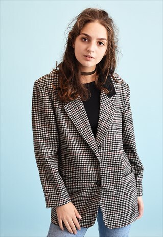90'S RETRO CLASSIC CUT DOGTOOTH OVERSIZED BLAZER JACKET