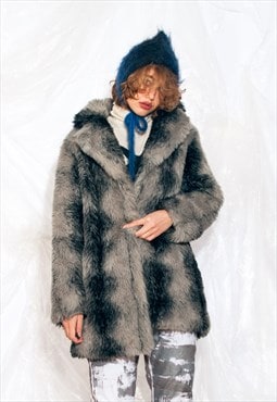 Vintage 90s Winter Coat in Grey Faux Fur