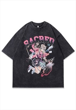 Anime t-shirt sacred slogan tee retro Japanese top in grey