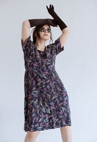 VINTAGE SHORT SLEEVE ABSTRACT PRINTED MIDI DRESS IN BLUE L