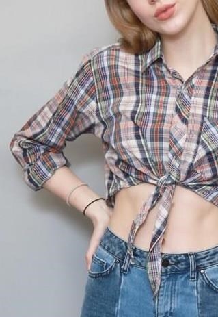 VINTAGE 1990'S MULTICOLOURED TARTAN PRINT TIE UP CROP SHIRT