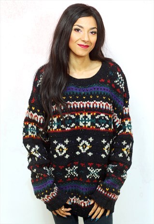1990S VINTAGE BLACK AND MULTICOLOURED KNITWEAR JUMPER