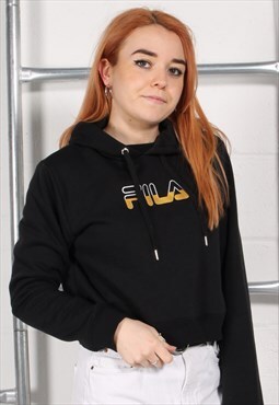 Vintage Fila Hoodie in Black Pullover Cropped Jumper Small