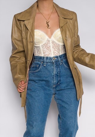TAN VINTAGE LEATHER TRENCH JACKET