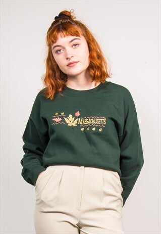 VINTAGE 90'S DARK GREEN MASSACHUSETTS SWEATSHIRT JUMPER